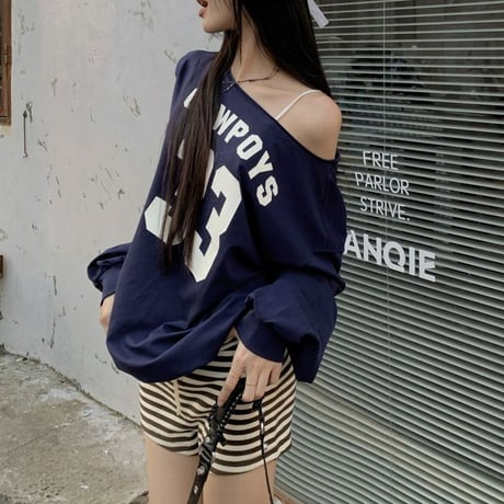 ロンT ワンショルダー ナンバーロゴ トップス オーバーサイズ tシャツ プルオーバー ゆったり 長袖 レトロ 大人可愛い ガーリー カジュアル DTCA-852707267778