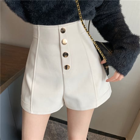 ショートパンツ ハイウエスト ゴールドボタン センタープレス ショーパン レトロ 韓国ファッション レディース 大人可愛い ガーリー DTC-660050274344