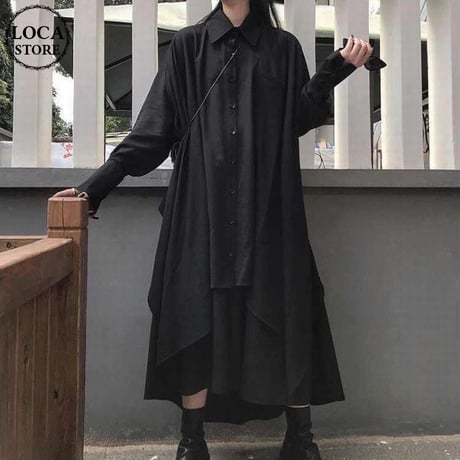 アシンメトリー ロングシャツ 長袖 ルーズ 韓国ファッション レディース シャツワンピース シャツ アシメ 不規則デザイン 暗黒系 ドルマンシャツ ガーリー DTC-601048675644