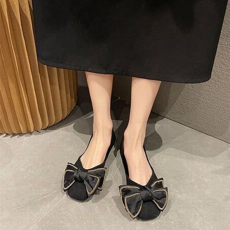 パンプス リボン 22.5～25.0cm フラットシューズ ローヒール 無地 ヒョウ柄 レオパード スクエアトゥ 歩きやすい 美脚 韓国ファッション レディース DTC-666813367025