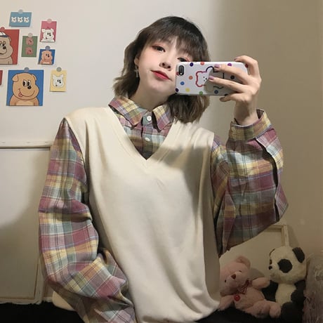 ベスト × チェック柄 フェイクレイヤード 韓国ファッション レディース 重ね着風 シャツ ガーリー カジュアル DTC-601095644955