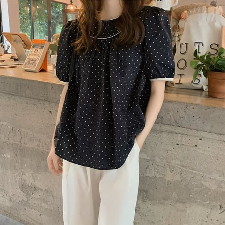 ドット柄 ブラウス パフ袖 半袖 薄手 韓国ファッション レディース 水玉 トップス 大人可愛い ガーリー フェミニン DTC-645578892500