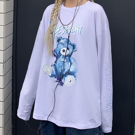 ユニセックス Tシャツ 長袖 プルオーバー くまちゃん ベアー 袖プリント オーバーサイズ レトロ 韓国ファッション メンズ レディース カジュアル ストリート系 DTC-625051222286