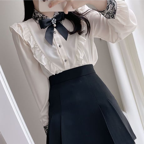 フリルブラウス ブローチ リボン フリル レース ブラウス 長袖 韓国ファッション レディース レトロ 大人可愛い ガーリー フェミニン DTC-654870022966