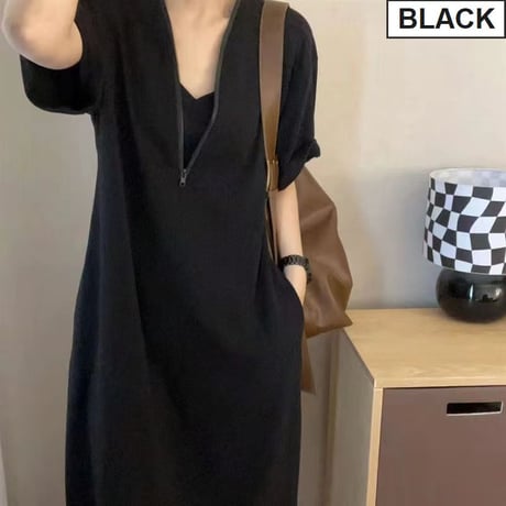 ワンピース ハーフジップ 半袖 体型カバー Aライン Vネック ゆったりウエスト ロングワンピース レトロ 大人可愛い ガーリー DTCA-902129086791