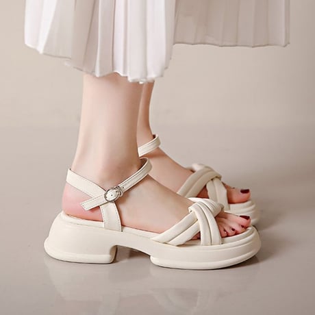 クロスストラップ 厚底 サンダル 22.5～25.0cm 太ヒール 厚底ソール アンクルストラップ 美脚 キュート かわいい 歩きやすい おしゃれ DTCA-777519824673
