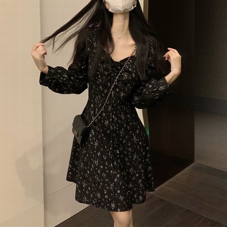 花柄 ワンピース スクエアネック ギャザーデザイン ハイウエスト ショート丈 長袖 レトロ 韓国ファッション レディース 大人可愛い ガーリー フェミニン DTC-653010865864