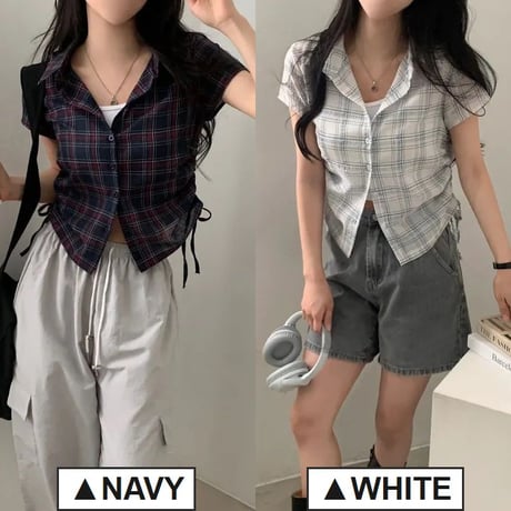 チェック柄シャツ サイドシャーリング トップス ショート丈 ドローストリング ドロスト チェックシャツ 半袖 レトロ 大人可愛い ガーリー カジュアル トレンド DTCA-925867914003