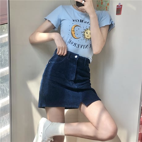 Tシャツ 半袖 袖切りっぱなし ショート丈 月と太陽 ブルー カジュアル レトロ  韓国ファッション レディース 大人可愛い ガーリー DTC-614247121002_bl