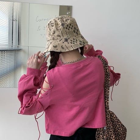 トップス トレーナー オープンショルダー レースアップ 韓国ファッション レディース カットソー 肩あき 長袖 ゆったり シンプル ルーズ 大人可愛い ガーリー DTC-626359658733