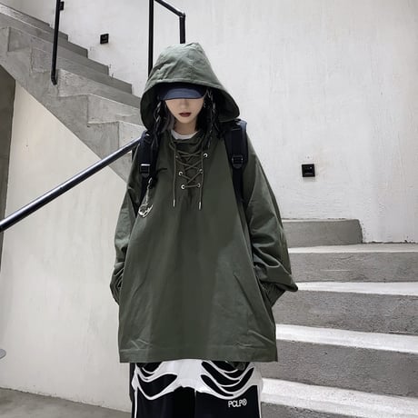 ユニセックス パーカー レースアップ メンズ レディース 編み上げ 長袖 オーバーサイズ 大きめ ルーズ カジュアル ストリート ファッション DTC-625912190166