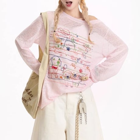 シアートップス 落書き風プリント 薄手 UVカット ワンショルダー シアーtシャツ ロンt トップス 日焼け防止 ゆったり 長袖 レトロ 大人可愛い ガーリー DTCA-925730185096
