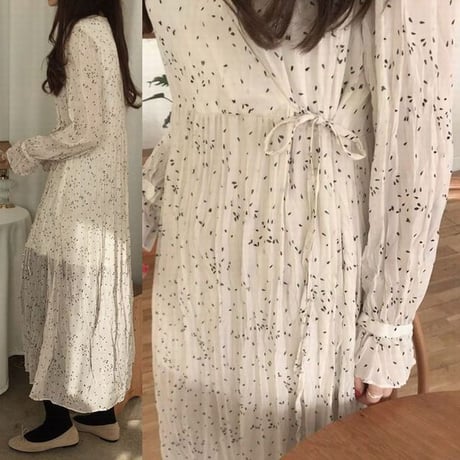 レディース ドット柄 ロングワンピース 無地 ヴィンテージ風 Vネック 韓国ファッション オルチャン (DCT-584813222187)