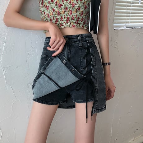編込み デニムスカート ショートパンツ 韓国ファッション レディース スカパン インナーパンツ ハイウエスト ショート丈 Aライン ガーリー レトロ DTC-618967660120