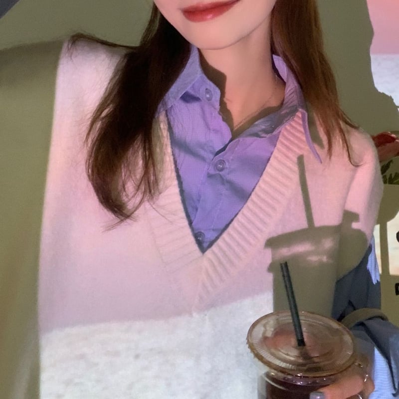 2点セット シャツ ニットベスト Vネック レイヤード ゆったり