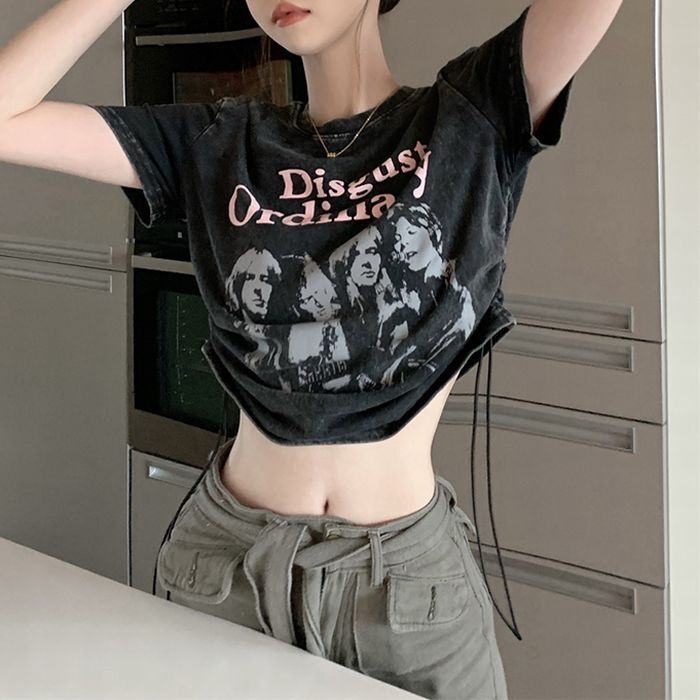 tシャツ 半袖 ショート丈 ドロスト 英字プリント ドローコード ドロー