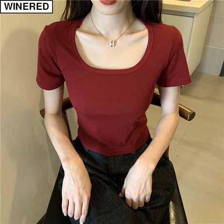 【5カラー】 Tシャツ スクエアネック ショート丈 トップス 無地 半袖 レトロ 韓国ファッション レディース 大人可愛い ガーリー DTC-711502261861