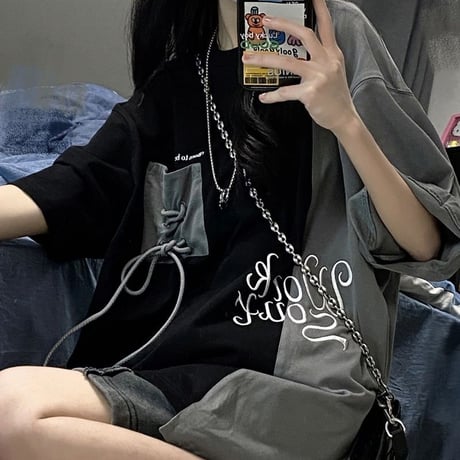 Tシャツ バイカラー 刺繍 シューレース 半袖 オーバーサイズ レトロ カジュアル 韓国ファッション レディース 韓国ストリートファッション DTC-675101274087