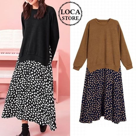 レディース ドッキングワンピース サイドスリット レイヤード風 ニット ロング丈 長袖 フェミニン 韓国ファッション オルチャン (DCT-577605333922)