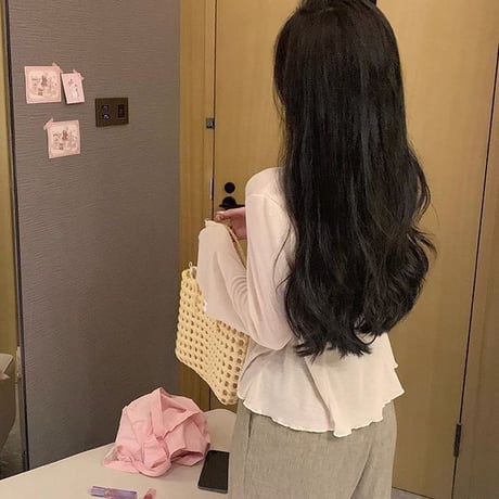 シアーカーディガン フレア袖 ショート丈 Vネック トップス 薄手 カーディガン ルーズ 長袖 レトロ 大人可愛い ガーリー DTCA-814288731366