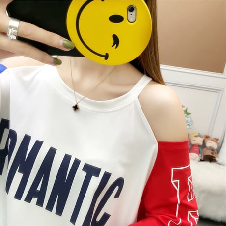 レディース 肩開き 肩出し バイカラー Tシャツ ゆったり 半袖 チュニック オフショルダー 韓国ファッション オルチャン (DCT-586776858110)