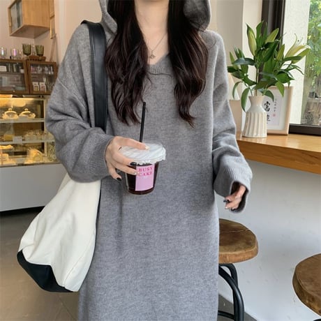 フード付き ニットワンピース ロングワンピース ルーズ ゆったり ルーズウエスト 長袖 レトロ 韓国ファッション レディース 大人可愛い ガーリー DTC-682629628231