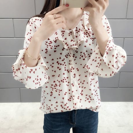 レディース ハート柄ブラウス ハート柄シャツ トップス フリル 薄手 長袖 シフォン フレア袖 ガーリー フェミニン 韓国ファッション (DCT-591142140695)