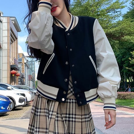 スタジャン ショート丈 ブルゾン ライトアウター ジャンパー ジャケット レトロ 韓国ファッション レディース 大人可愛い ガーリー カジュアル ストリート系 DTC-653175349592
