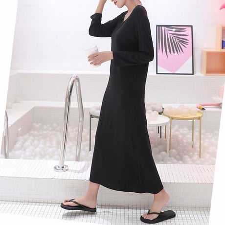 レディース モーダルワンピース 長袖 ゆるワンピ 無地 マキシ丈 ロング丈 着やせ ロングワンピース 韓国ファッション オルチャン (DCT-587468457944)