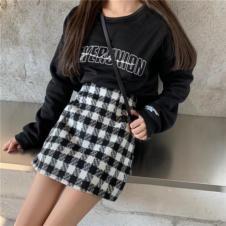チェック柄 ウール混 タイトミニスカート 韓国ファッション レディース ミニスカート ハイウエスト 大人可愛い ガーリー DTC-630293926918