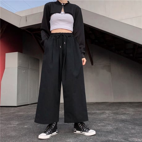 ユニセックス ワイドパンツ S M L XL ワイドレッグパンツ ウエスト紐 9分丈 ハイウエスト ゆったり 韓国ファッション メンズ レディース カジュアル DTC-638334168423