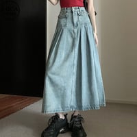 デニムスカート プリーツ ハイウエスト デニムロングスカート Aライン デニム スカート レトロ 韓国ファッション レディース 大人可愛い ガーリー カジュアル DTC-733705362042