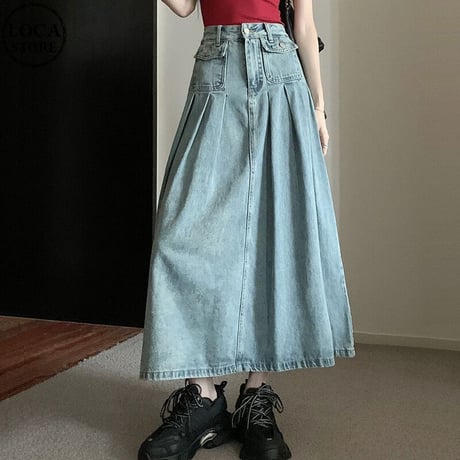 デニムスカート プリーツ ハイウエスト デニムロングスカート Aライン デニム スカート レトロ 韓国ファッション レディース 大人可愛い ガーリー カジュアル DTC-733705362042