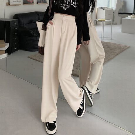 ワイドパンツ ストレートパンツ パンツ タック スラックス ハイウエスト シンプル レトロ 韓国ファッション レディース 大人可愛い ガーリー DTC-666705107446