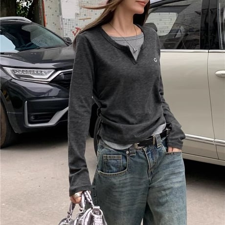 フェイクレイヤード トップス キーネック Tシャツ ロンＴ ロゴ 重ね着風 プルオーバー スリムフィット フェイクツーピース 長袖 大人可愛い ガーリー カジュアル DTCA-758755751432