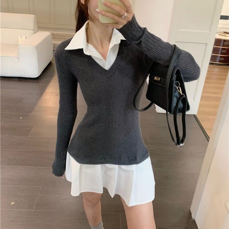 フェイクレイヤード ワンピース ドッキングワンピース ニット プリーツ スリムフィット Aライン 長袖 レトロ 韓国ファッション レディース 大人可愛い ガーリー DTCA-769852936406