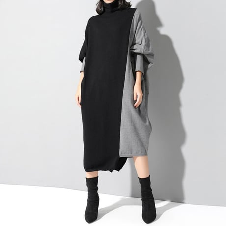 ニットワンピース アシンメトリー バイカラー ハイネック ロングワンピース ニット ワンピース ゆったり ルーズ 長袖 レトロ 大人可愛い ガーリー DTCA-620987413432
