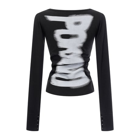 前後2way ロンT ブラッシュプリント オフショルダー カットソー tシャツ トップス スリムフィット タイトフィット レトロ 大人可愛い ガーリー カジュアル DTCA-981680300134