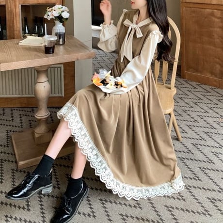 ワンピース リボン フリル パフスリーブ ボウタイ Aライン プリーツ ウエストマーク ロングワンピース ハイウエスト ロング丈 大人可愛い ガーリー フェミニン DTCA-732270351105