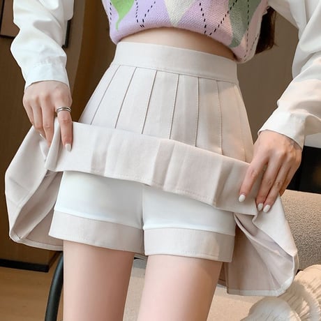 プリーツ ミニスカート インパン ウール調 プリーツスカート ハイウエスト Aライン インナーパンツ レトロ 韓国ファッション レディース 大人可愛い ガーリー DTCA-627324149092