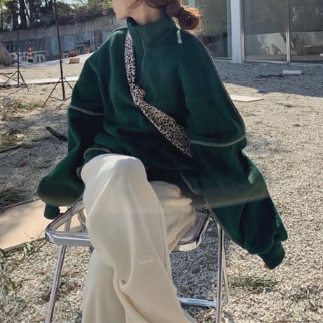 トレーナー ハイネック ハーフジップ プルオーバー ドロップショルダー 大きめ オーバーサイズ 長袖  大人可愛い ガーリー カジュアル ストリート系 DTC-655076992467