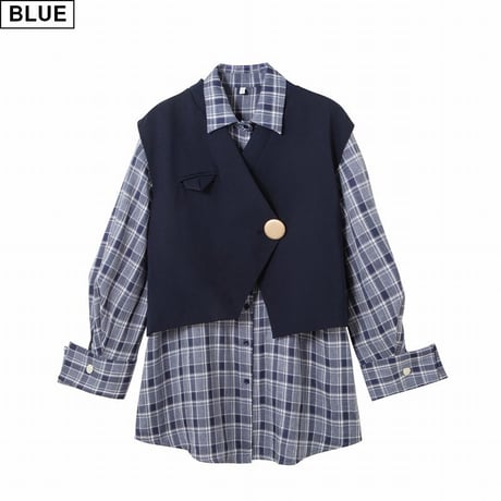セットアップ チェック柄 シャツワンピース ロングシャツ 不規則 ベスト 長袖 ルーズ 韓国ファッション レディース 2点セット 大人可愛い ガーリー DTC-626058092111