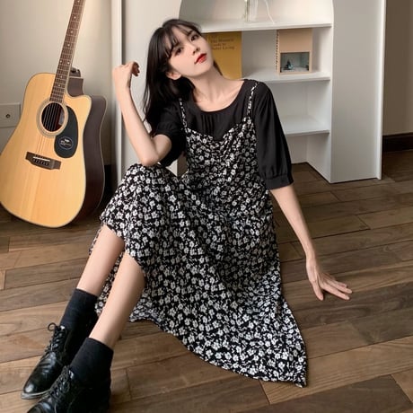 花柄 フェイクレイヤード ワンピース 半袖 Aライン ベルフラワースカート ハイウエスト 韓国ファッション レディース 大人可愛い ガーリー DTC-641546687131