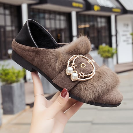 ファーパンプス 韓国ファッション レディース ファーシューズ フラットパンプス ベルト ぺたんこ ラウンドトゥ 美脚 DTC-578838180776