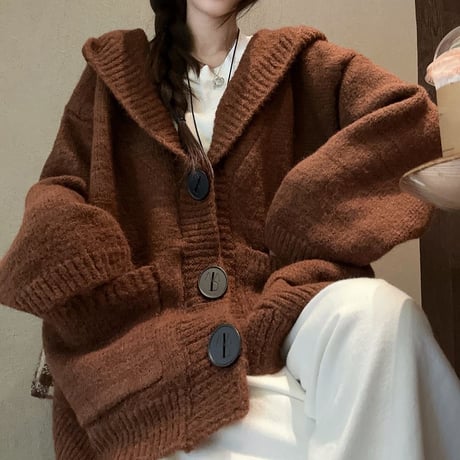 フード付き ニットカーディガン 大きいボタン ニット シングルブレスト ルーズ 長袖 レトロ 韓国ファッション レディース 大人可愛い ガーリー DTC-839806748092