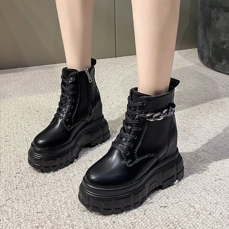 厚底 ブーツ インヒール チェーン 22.0～24.5cm シューレース サイドファスナー 防水プラットフォーム レザー ショートブーツ 履きやすい ガーリー DTC-654284892844