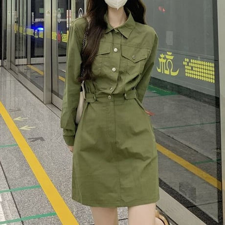 ミリタリー風 シャツワンピース ハイウエスト ポケット 長袖 ワンピース レトロ 韓国ファッション レディース 大人可愛い ガーリー カジュアル DTC-680373706455