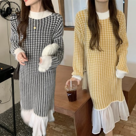 千鳥格子 ニットワンピース 裾フレア チェック柄 フィッシュテール ワンピース 長袖 ゆったり レトロ 韓国ファッション レディース 大人可愛い ガーリー DTC-656290162250