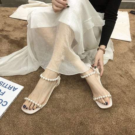 サンダル イミテーションパール アンクルストラップ チャンキーヒール 4.5cm スクエアトゥ 韓国ファッション レディース 痛くない かわいい 靴 歩きやすい 597358297090