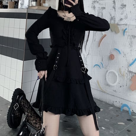 ワンピース フリル ハートバックル スクエアネック ハイウエスト Aライン 長袖 レトロ 韓国ファッション レディース 大人可愛い ガーリー ゴシック 暗黒系 DTC-628854710651